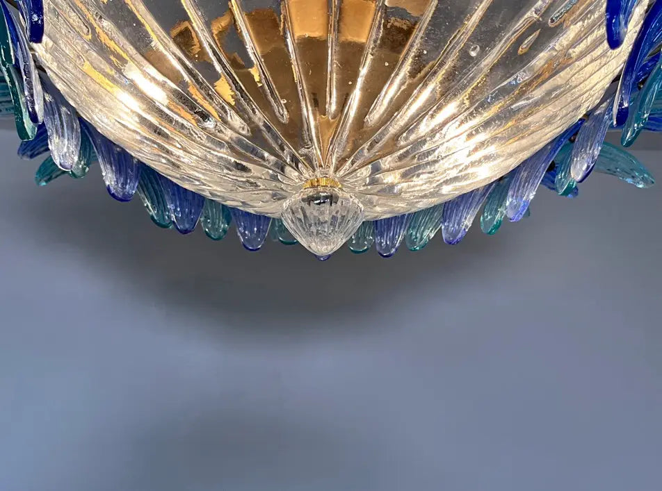 Murano Chandelier 36 Clear and Blue Palmette Glass