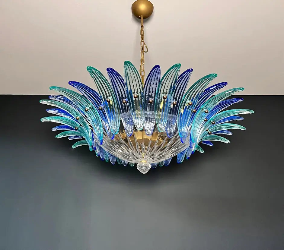 Murano Chandelier 36 Clear and Blue Palmette Glass
