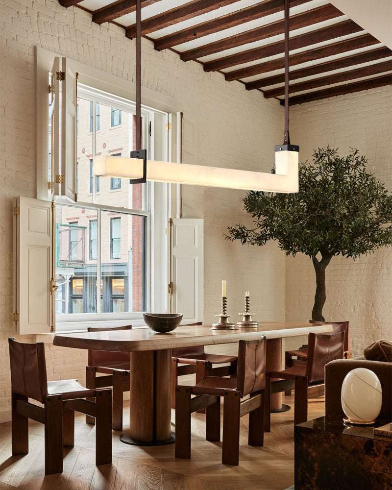 Up & Down Lighting LED Long Brown Leather Alabaster Linear Pendant Lights 39in 47in | Bronze