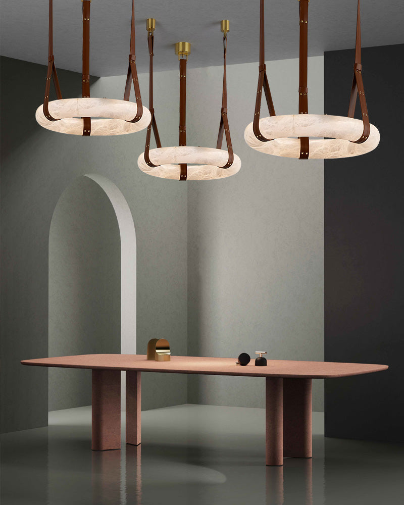 Leather Cable Alabaster Pendant Halo Ring Chandelier with Canopy