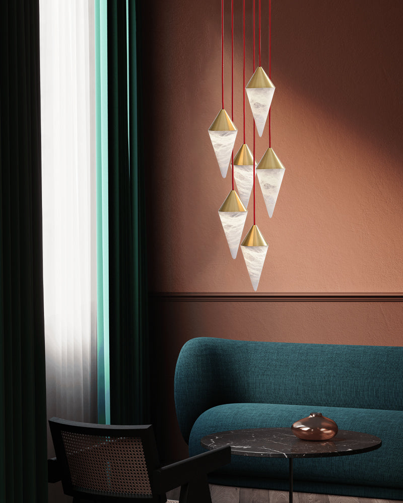 Stairwell Loft Modern Brass Conical Cluster Alabaster Pendant Light, Dia 4.3"