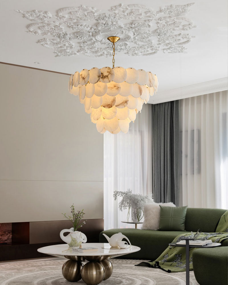 Brass Long LED Layer Shell Chandelier | Spanish Marble shade & 100/120cm Length