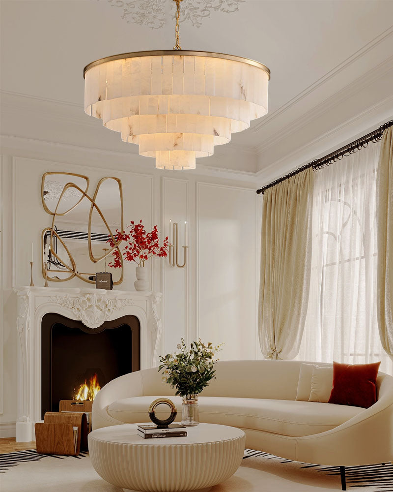 Modern White Alabaster Shade Multi-Layer Round/Rectangle Brass/Bronze Chandelier Lighting