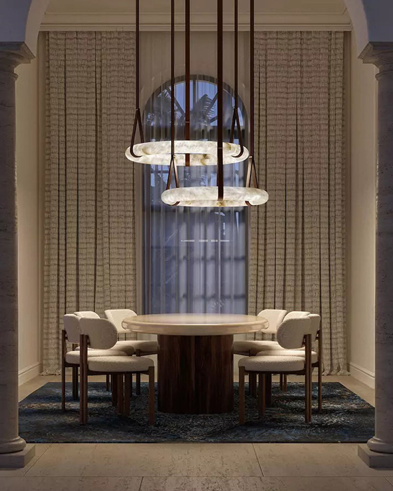 Leather Cable Alabaster Pendant Halo Ring Chandelier with Canopy