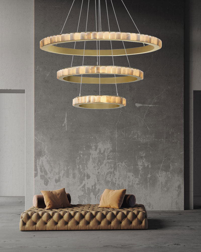 Dia 55+85+125CM Triple Round Alabaster Chandelier Brush Black/Golden Steel | suspension long cord