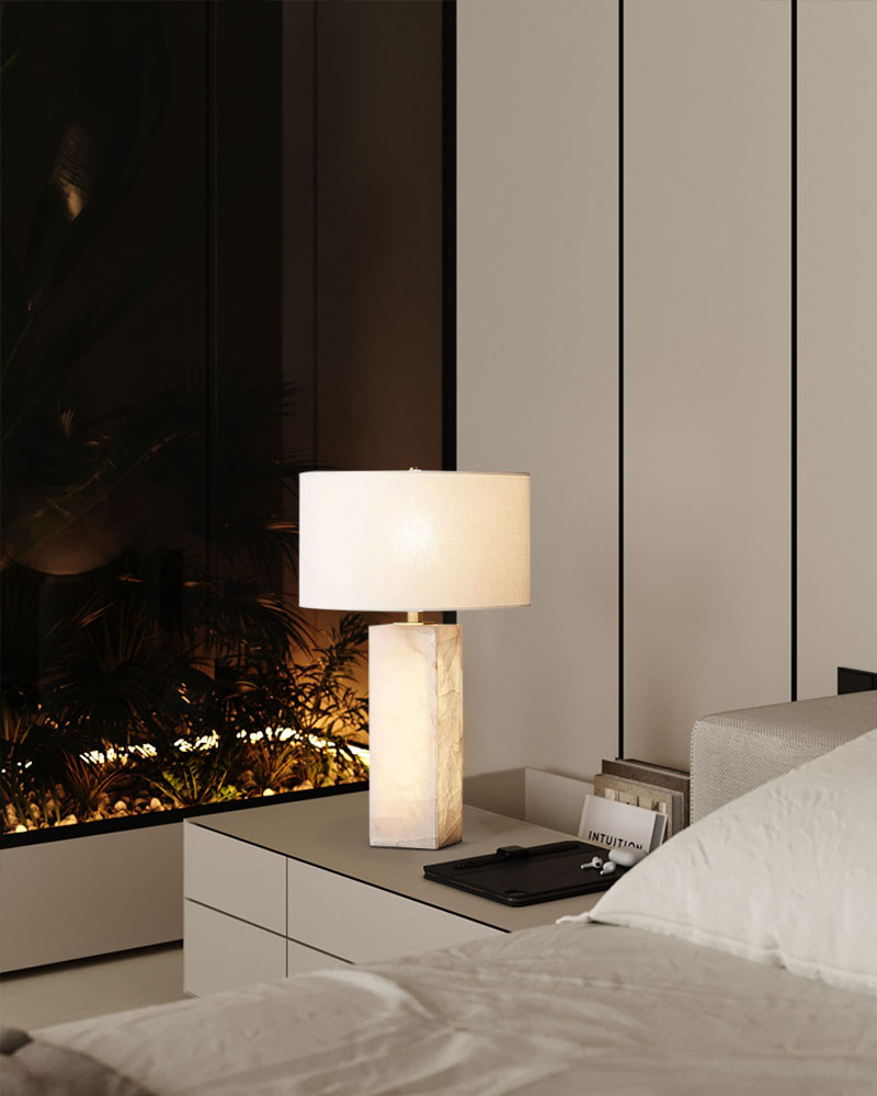 Vintage E27 Alabaster Marble Table Lamp 14“(D)24” (H)with fabric Linen lampshade