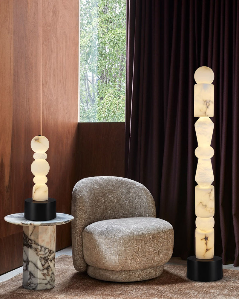 Black Marble Base & White Alabaster 5-Tier Table Lamp 8“ Height