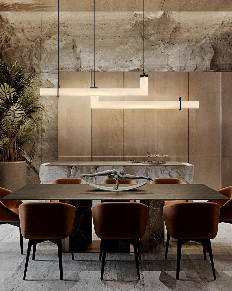 Up & Down Lighting LED Long Brown Leather Alabaster Linear Pendant Lights 39in 47in | Bronze