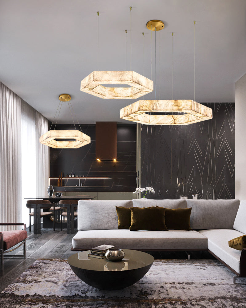 LED Hexagon Marble Pendant Lamp | Double/Triple Ring Design