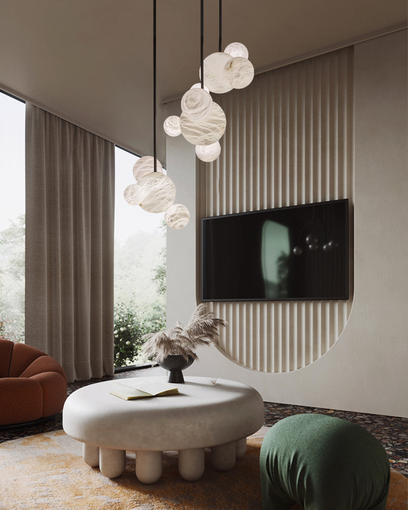 Minimalist Antique Alabaster Cluster Pendant Light Fixtures with spanish marble globe shade