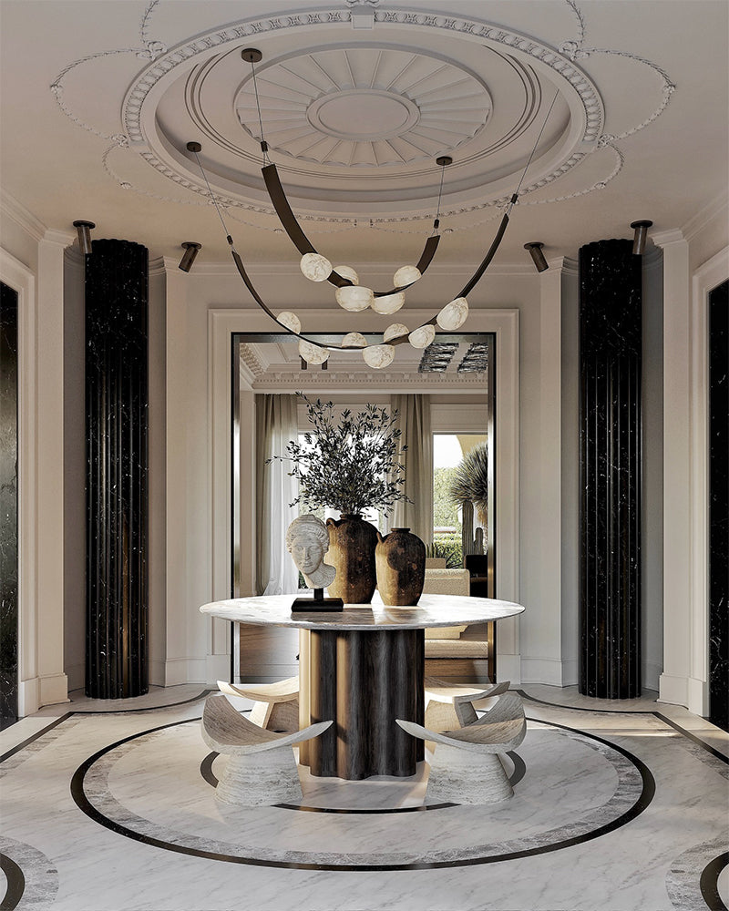 Semi-Oval Marble Chandeliers with U-shaped leather strip,5/7-light on one belt