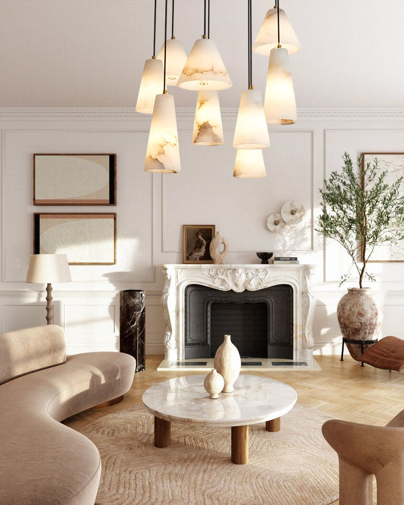 1-light Cone Natural White Alabaster Shade Brass Pendant Light Kitchen Island