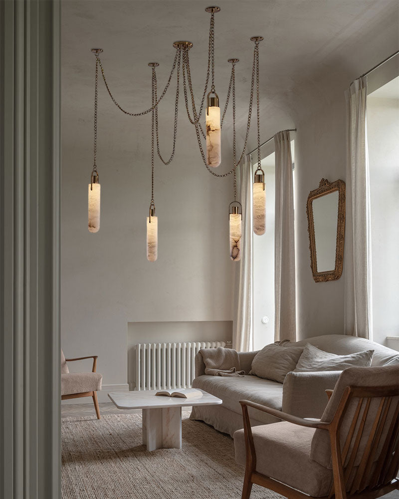 1/3/5/7/9/12/15-light LED Multi-Drop Aged Brass Hanging Lights for hall | alabaster shade