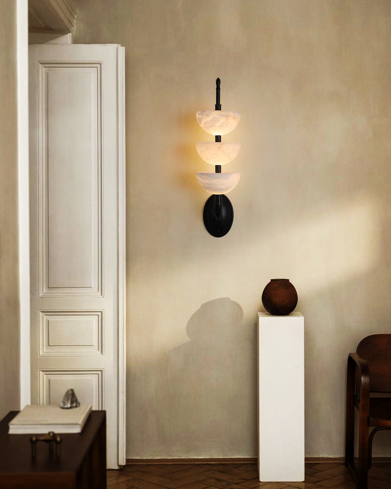 Modern Triple Alabaster Brass Stone Semi-Oval Wall Sconces 6in 15W