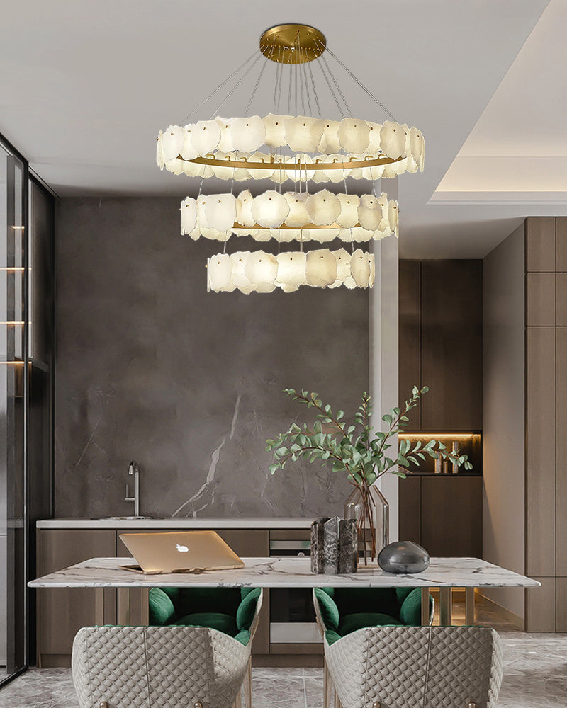 Irregular Alabaster Multi-Layered Round Chandelier