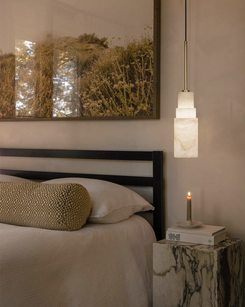 Antique aged Copper Long Hanging Cord Alabaster Pendant Lights over dining table