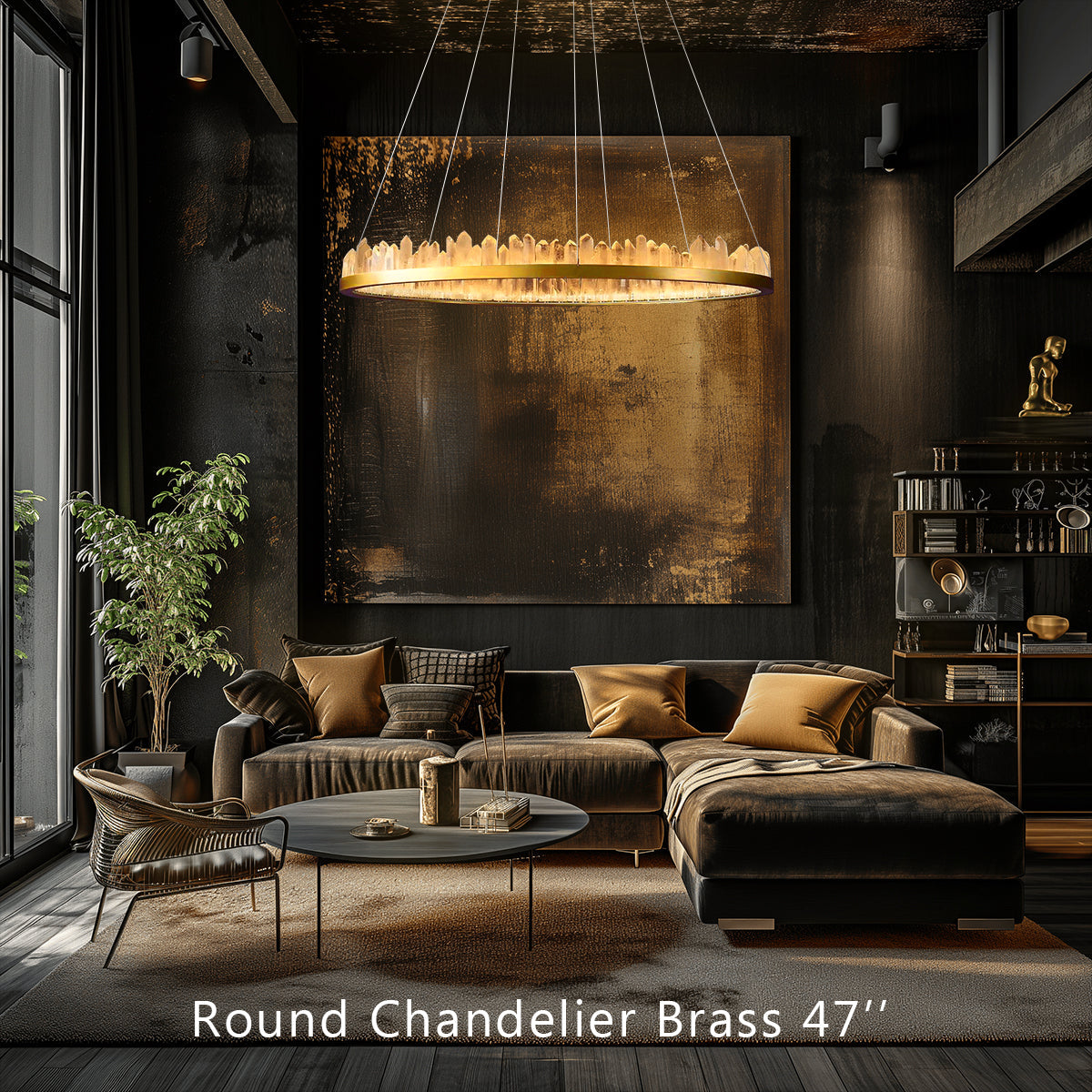 36 Inch Round Modern Chandelier Brass & Clear Geode Quartz Crystal Hanging Light