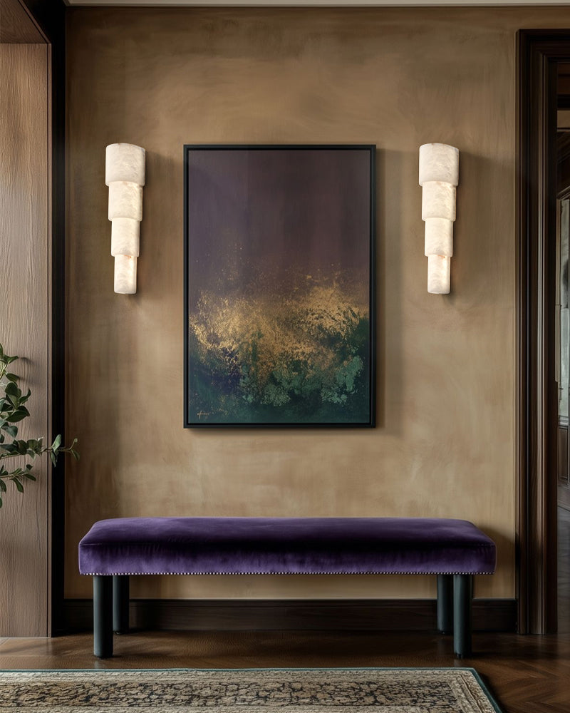 Scandinavian Designer Wall Washer Sconces | White Alabaster Shade flush mounted in bedroom