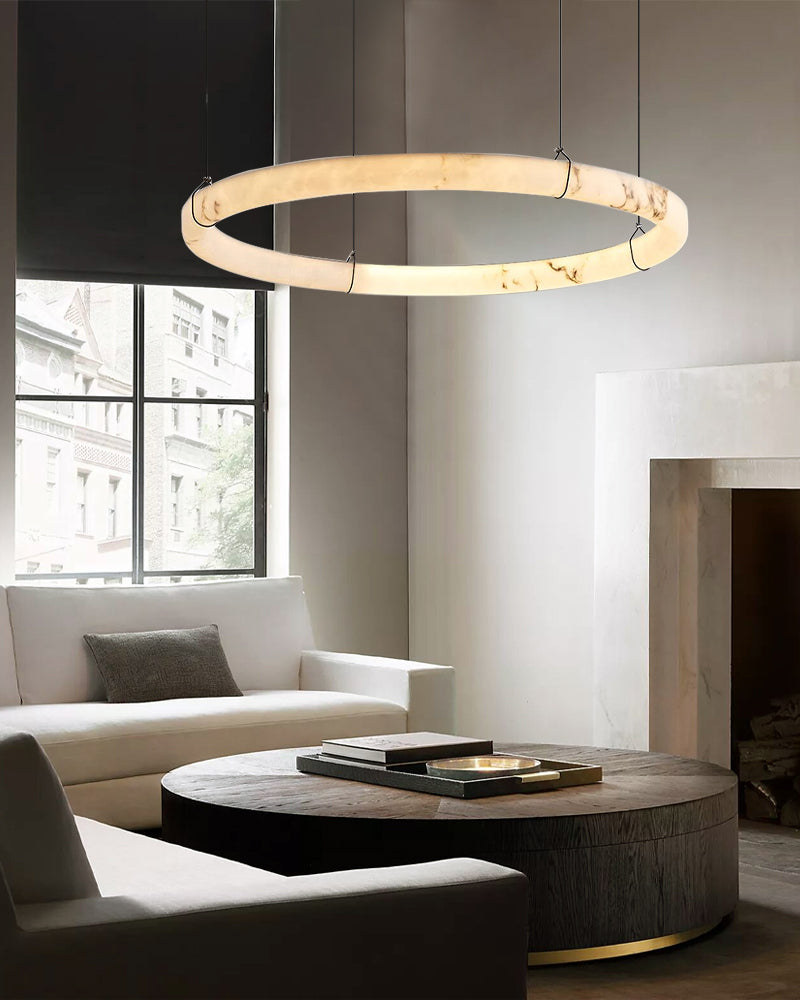 40W Modern Ring Alabaster Pendant Light hanging on black metal pole decor for living room