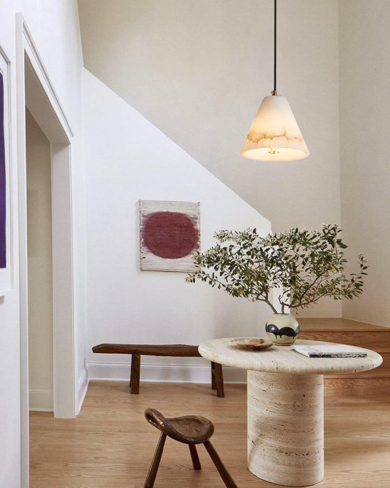 1-light Cone Natural White Alabaster Shade Brass Pendant Light Kitchen Island