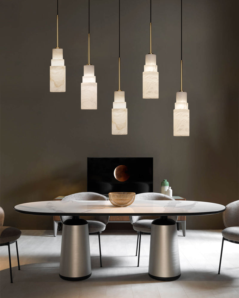 Antique aged Copper Long Hanging Cord Alabaster Pendant Lights over dining table