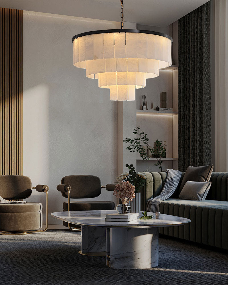 Alabaster Multi-Layer Round/Rectangle Chandelier lamp in black for living room kitchen island