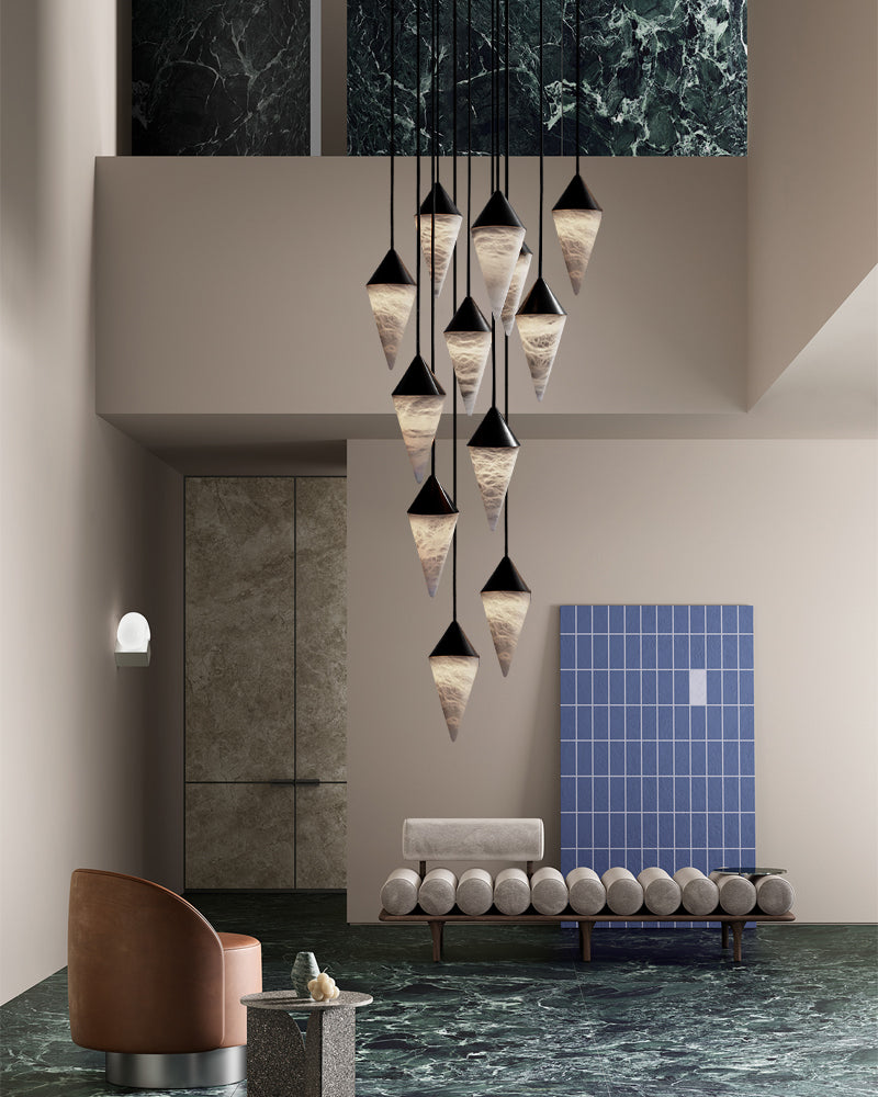 Classic Conical Cluster Alabaster Dome Ceiling Brass&Black Pendant Light