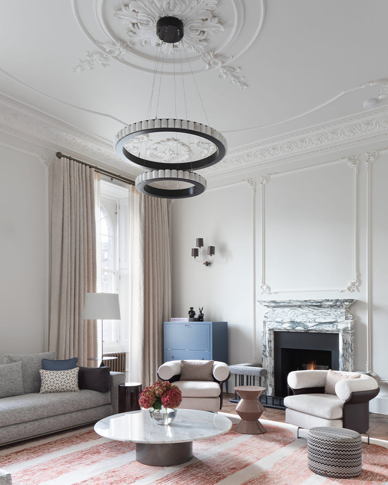 Dia 65+85CM Double LED Ring Marble Chandeliers | Black/Gold Ceiling Steel