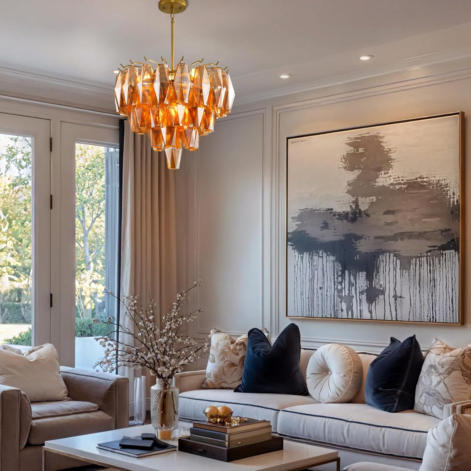 Amber Glass Chandelier, 17" Gold Crystal Chandeliers, Modern Dining ...
