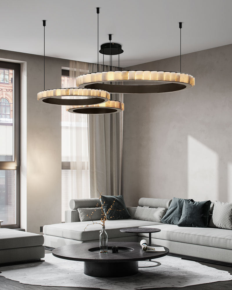 Large Alabaster Round ceiling pendant lamp | Adjustable Steel Suspension