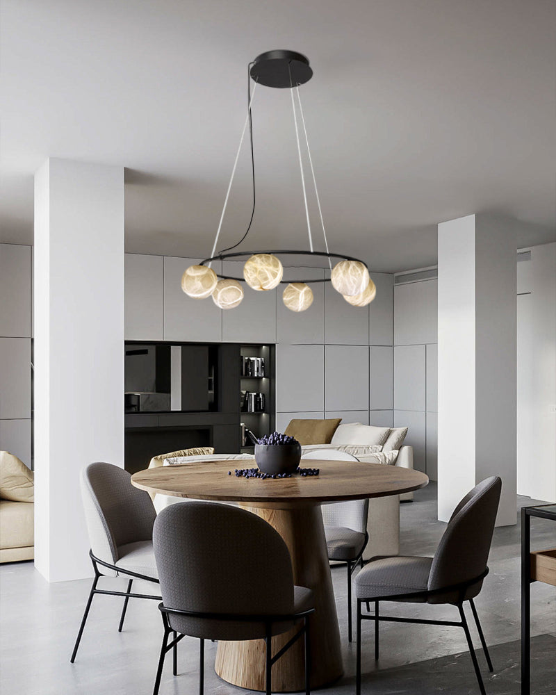 Black metal Ring pendant light with ceiling globe alabaster | 6/9/12-light