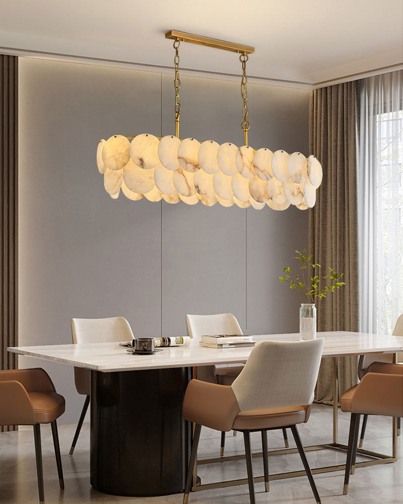 Brass Long LED Layer Shell Chandelier | Spanish Marble shade & 100/120cm Length