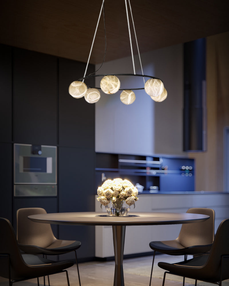 Black metal Ring pendant light with ceiling globe alabaster | 6/9/12-light