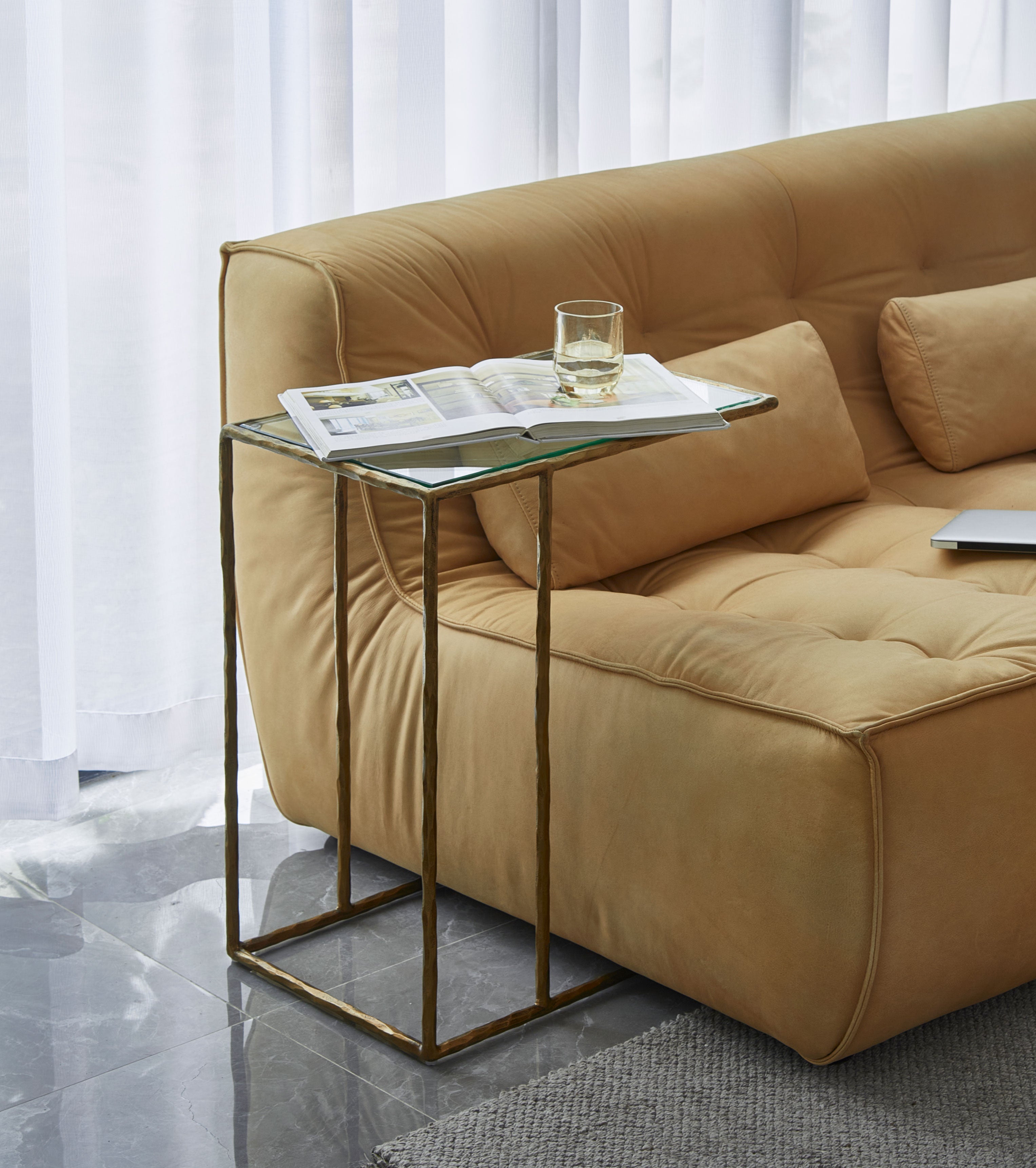 Thaddeus Tempered Marble C-Shaped Side Table