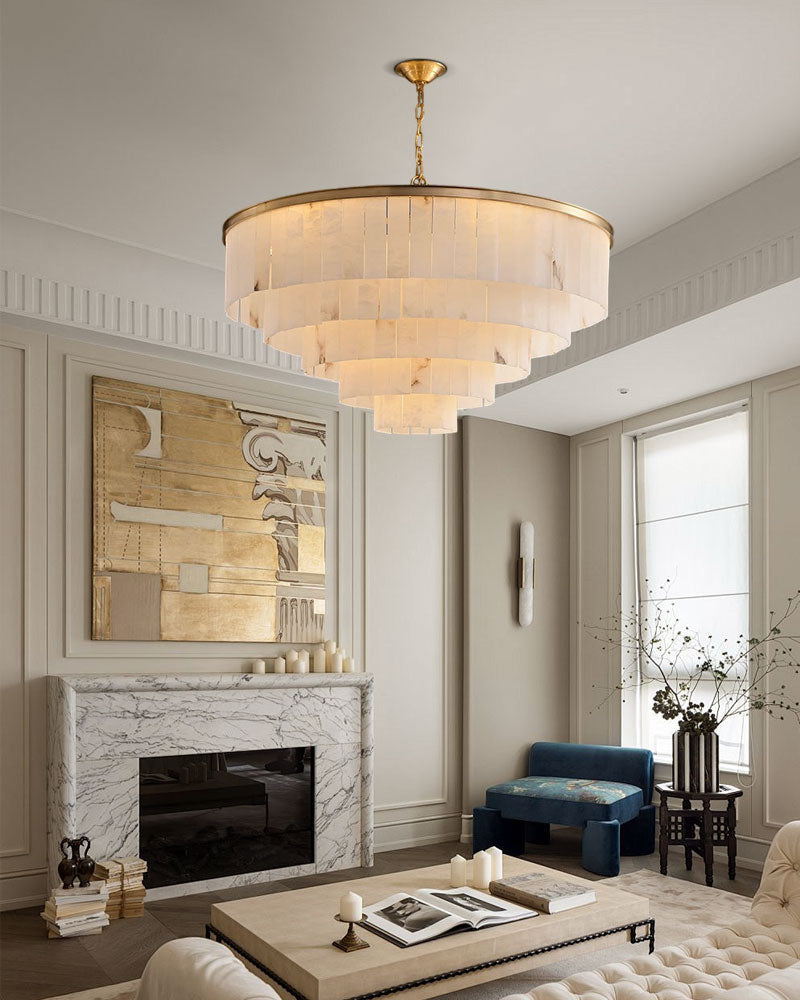 18-light Alabaster Round Multi Tier Brass Large Chandelier for living room,foyer