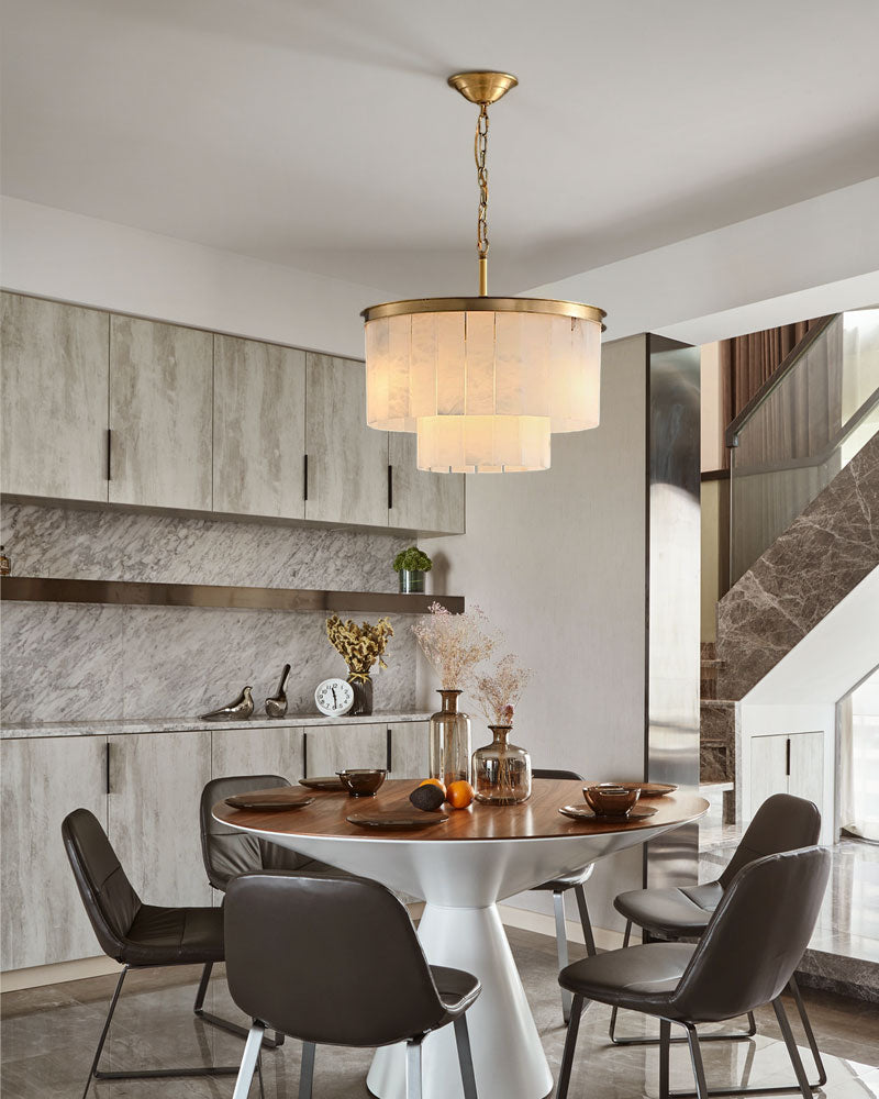 2 Tier Alabaster Rectangle Long Chandelier lamp 120CM in brass for dining room