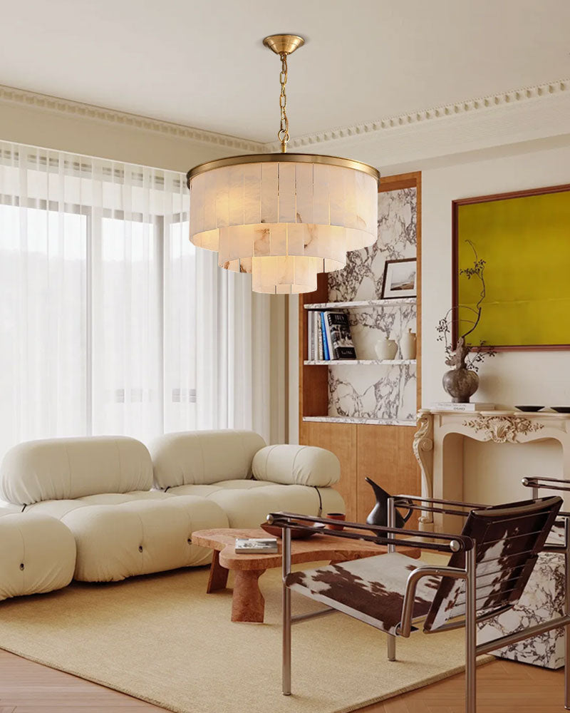 16 lights 4 Tier White Alabaster Round Chandelier Brushed Brass 32in