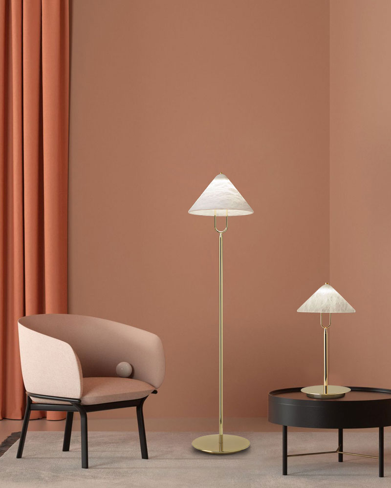 Designer LED Conical Skinny White Alabaster Floor Lamp(H)55" in Golden metal rod