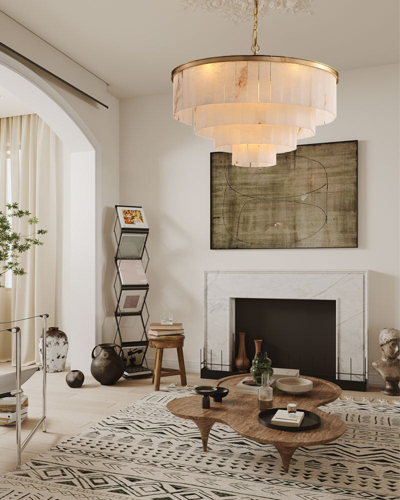 Modern White Alabaster Shade Multi-Layer Round/Rectangle Brass/Bronze Chandelier Lighting