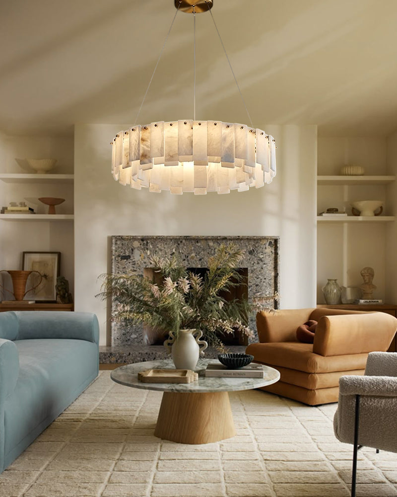 2-Tier Round Alabaster Chandelier in Brass with high ceiling home decor