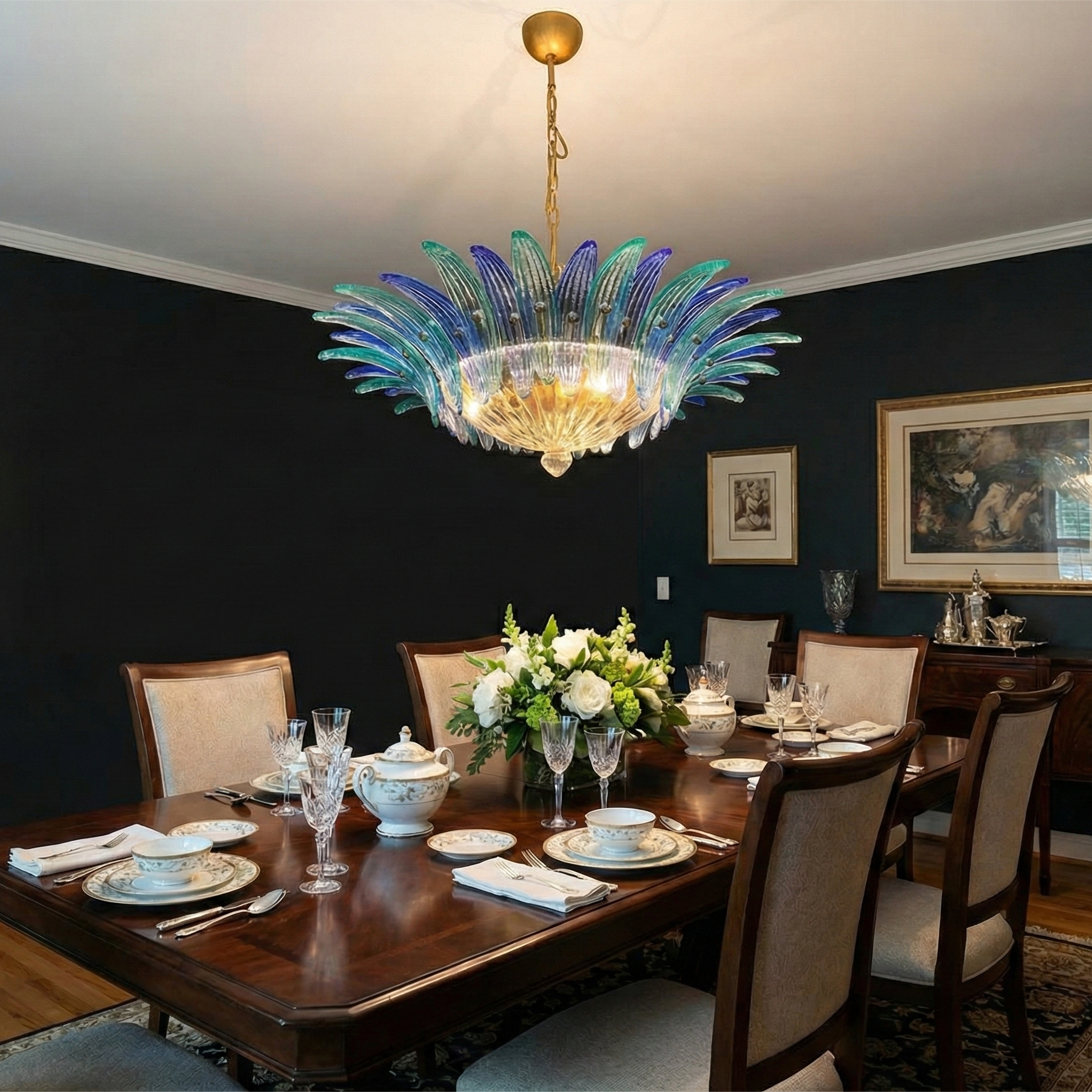 Murano Chandelier 36 Blue Palmette Glass