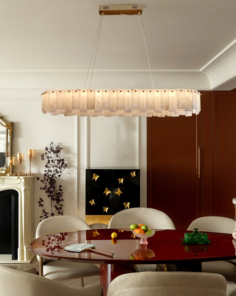 Vintage Rectangle Alabaster Brass Oval Chandelier 40" for dining room kitchen island