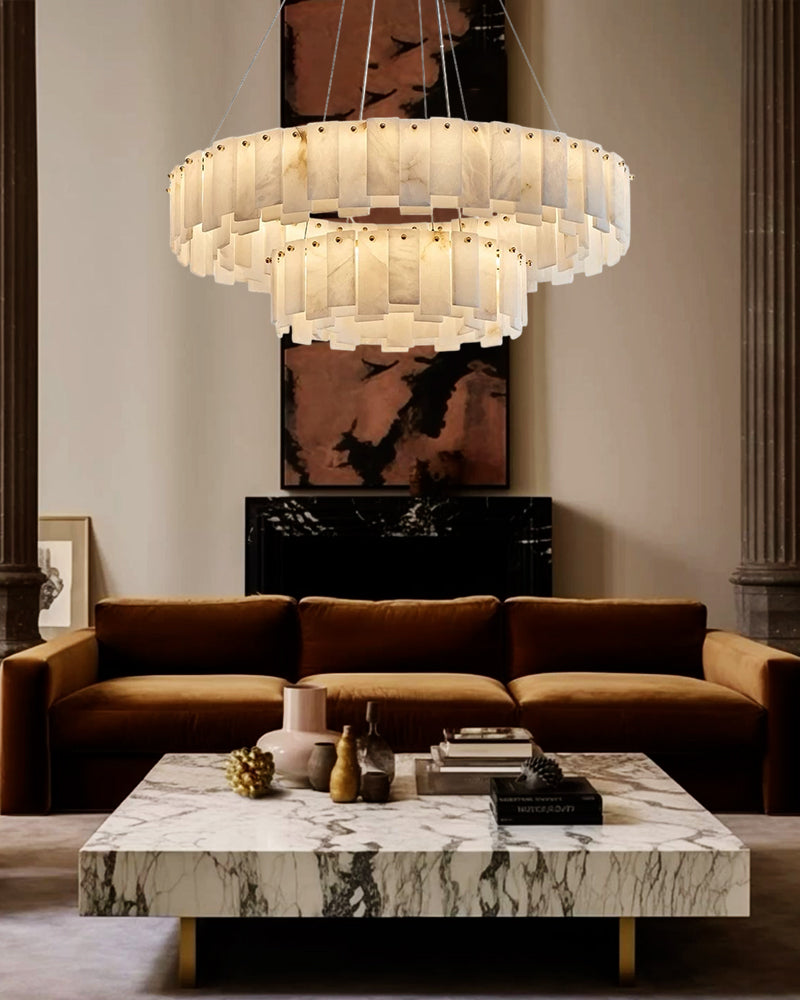2-Tier Round Alabaster Chandelier in Brass with high ceiling home decor