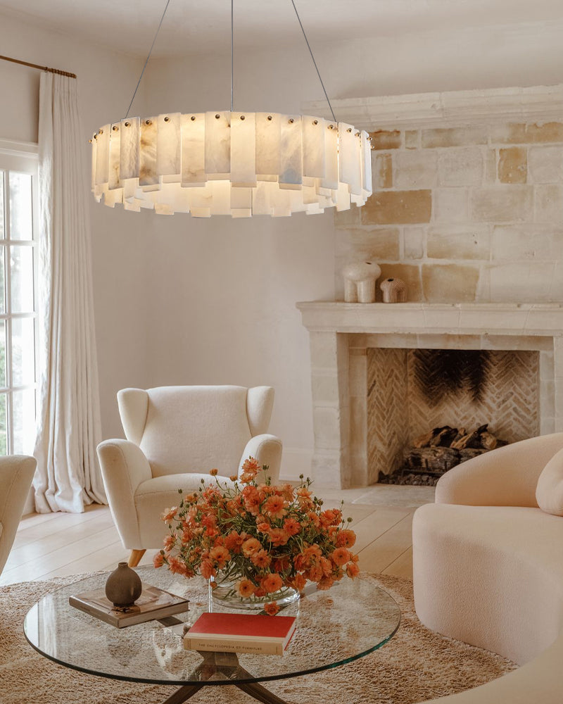 Vintage Round Alabaster Brass Chandelier 18"32" for living room Villa