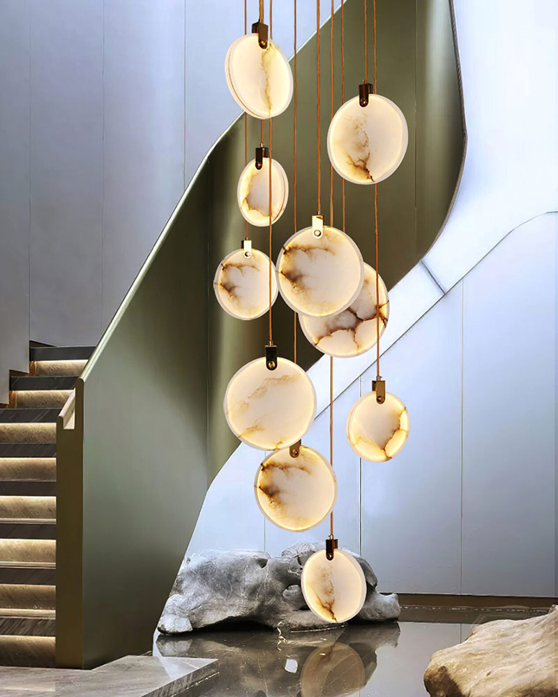 Postmodern LED Spanish Marble Chandelier Lamp in Brass for staircase
