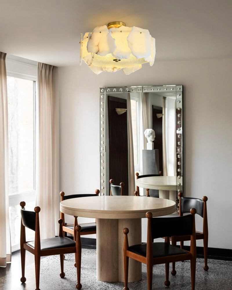Elegance Semi Flush Alabaster Round Ceiling Light Fixture in Brass