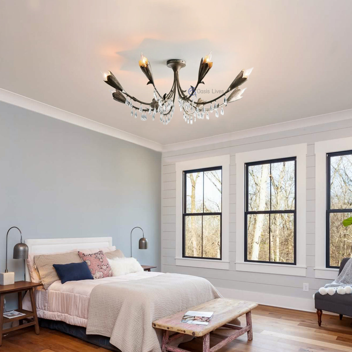 Gothic Viticcio Leaf Flushmount 8-Light - Silver