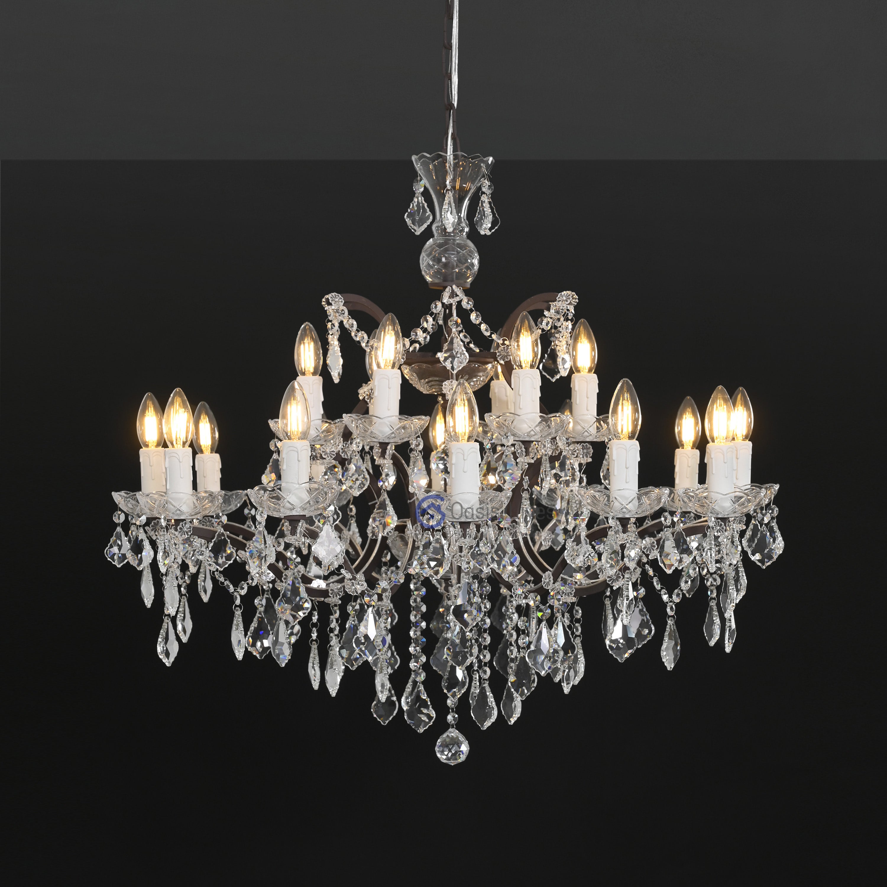 19th C. Rococo Iron & Crystal Round Chandelier 33"