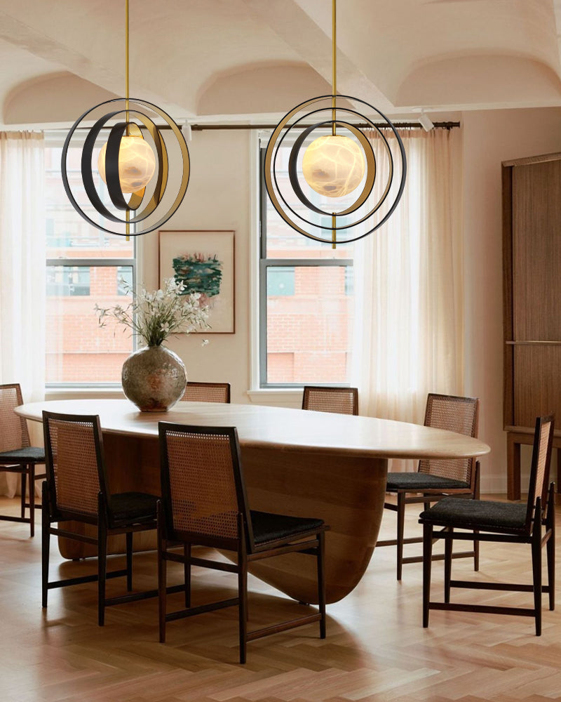 Modern Alabaster Round Chandelier Pearl - Gold & Bronze Rotatable Ring Highlight Finish