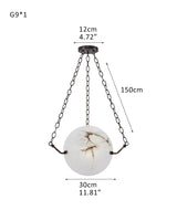 Vintage Alabaster Globe Pendant Light Fixture with brass/black adjustable chain 150cm